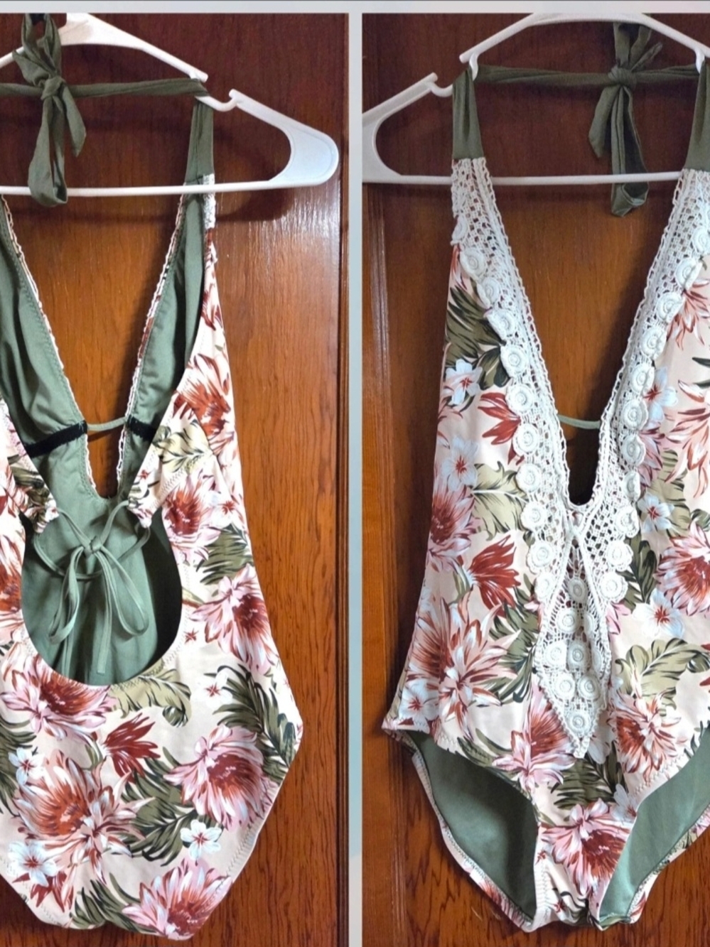 Kona Sol Medium Floral Crochet Lace Halter One Piece Swimsuit Boho